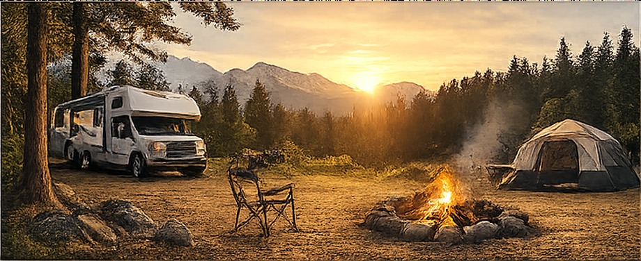 RV campsite with campfire at sunset